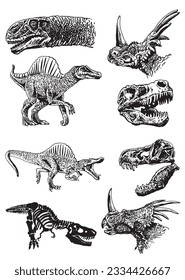 Graphical big set of dinosaurs isolated on white background,vector illustration,tattoo  designs.