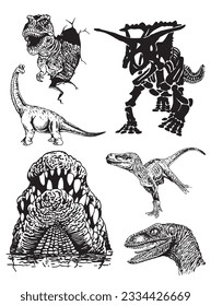 Graphical big set of dinosaurs isolated on white background,vector illustration,tattoo  designs.