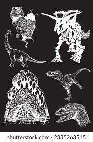 Graphical big set of dinosaurs isolated on black background,vector engraved illustration,tattoo  designs.