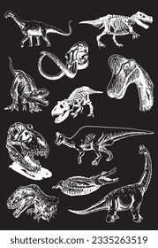 Graphical big set of dinosaurs isolated on black background,vector engraved illustration,tattoo  designs.