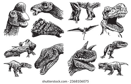 Graphical big set of dinosaurs isolated on white background,vector illustration for tattoo and printing