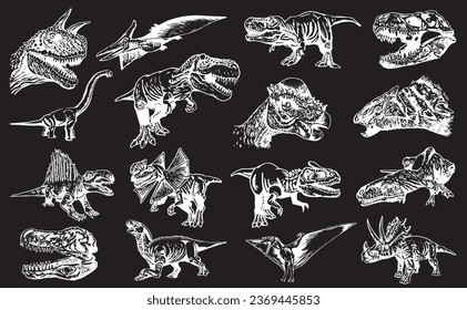 Graphical big set of dinosaurs on black background,vector illustration for tattoo and printing
