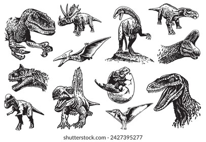Graphical big set of dinosaurs on white background,vector illustration for typography and design.