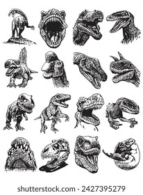 Graphical big set of dinosaurs on white background,vector illustration for typography and design.