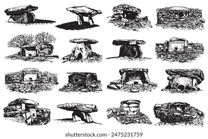 Graphical  big set of dolmens from Caucasus , Korea, India on white background,vector illustration	