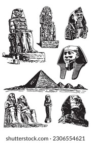 Graphical big set of Egypt landmarks isolated on white, vector illustration. 