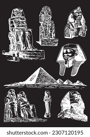 Graphical big set of Egypt landmarks isolated on black, vector engraved  illustration. 