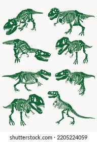 Graphical big set of  green skeletons of tyrannosaurus isolated on white background,vector color illustration