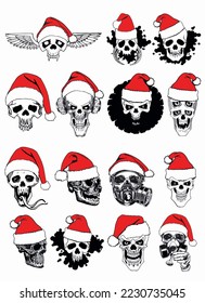 Graphical big set human skulls in Santa Claus hat isolated on white background,vector element of Christmas spooky design
