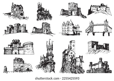 Graphical big set of medieval catles isolated on white, vector illustration.Architecture