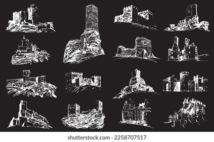 Graphical big set of medieval catles isolated on black, vector engraved illustration.Architecture