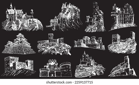 Graphical big set of medieval catles isolated on black, vector engraved illustration.Architecture
