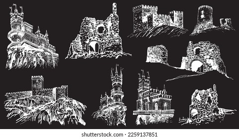 Graphical big set of medieval catles isolated on black, vector engraved illustration.Architecture