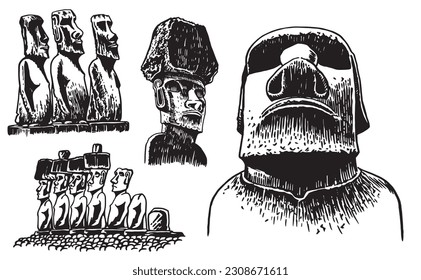 Graphical big set of moai statues isolated on white background, vector elements. Archeological artifacts 