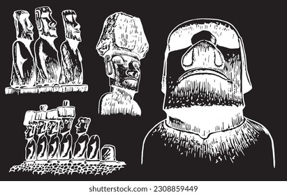 Graphical big set of moai statues isolated on black background, vector elements. Archeological artifacts 