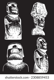 Graphical big set of moai statues isolated on black background, vector elements. Archeological artifacts 