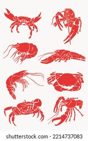 Graphical  big set  of red crabs,shrimps and lobsters isolated on white background,vector illustration, sea-food