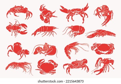 Graphical  big set  of red crabs,shrimps and lobsters isolated on white background,vector illustration, sea-food