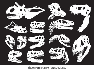 Graphical big set of silhouettes of skulls of dinosaurs isolated on black background, elements of paleontology