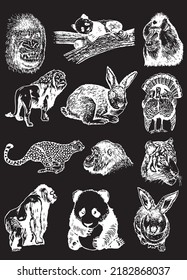 Graphical big set of wild animals isolated on black background,vector ink pen illustration