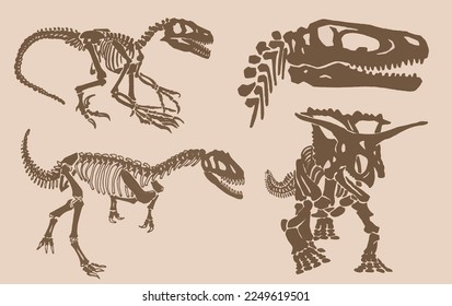 Graphical big vintage set of dinosaurs on sepia background, vector illustration.Fossils