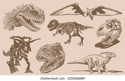 Graphical big vintage set of dinosaurs on sepia background, vector illustration.Fossils