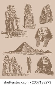 Graphical big vintage set of Egypt landmarks on sepia background, vector illustration. 