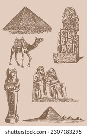 Graphical big vintage set of Egypt landmarks on sepia background, vector illustration. 