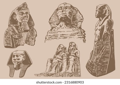 Grafische große Vintage-Set von ägyptischen Wahrzeichen, Vektorgrafik sepia. 