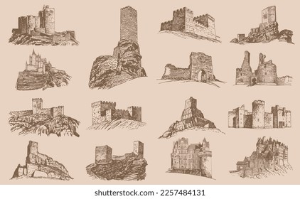 Graphical big vintage  set of medieval catles, vector illustration.Architecture