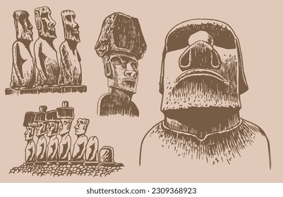 Grafische große Vintage-Set aus Moai-Statuen auf sepigem Hintergrund, Vektorelemente. Archäologische Artefakte 