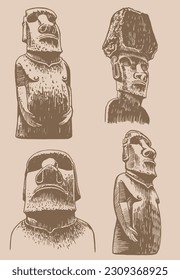 Grafische große Vintage-Set aus Moai-Statuen auf sepigem Hintergrund, Vektorelemente. Archäologische Artefakte 