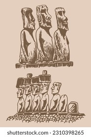 Gran conjunto gráfico vintage de estatuas de moai sobre fondo sepia, elementos vectoriales. Artefactos arqueológicos 