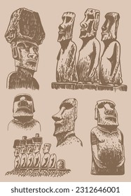 Graphical big vintage set of moai statues on sepia background, vector elements. Archeological artifacts 