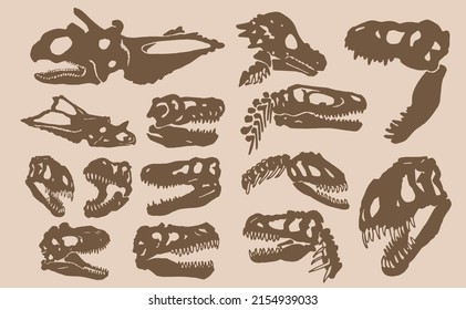 Graphical big vintage set of silhouettes of skulls of dinosaurs , sepia  background, elements of paleontology