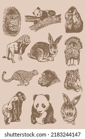 Graphical big vintage  set of wild animals on sepia background,vector ink pen illustration