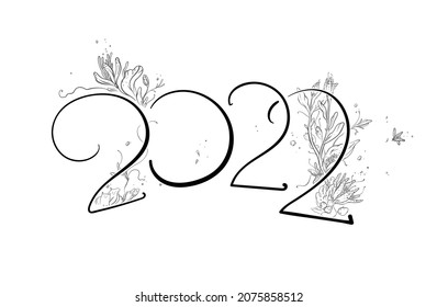 Graphical black and white vector illustration. The year 2022. Floral ornament. Handwritten font