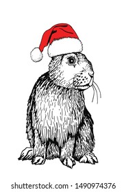 Graphical bunny in Santa Claus hat isolated on white, vector new year illustration