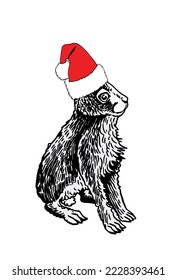 Graphical bunny in Santa Claus hat isolated on white, vector new year illustration