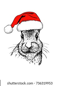 Graphical bunny in Santa Claus hat isolated on white background,vector New Year illustration