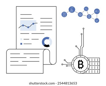 A graphical business report with charts shows blockchain and cryptocurrency elements connecting different sectors. Ideal for cryptocurrency analysis, blockchain technology, business strategy