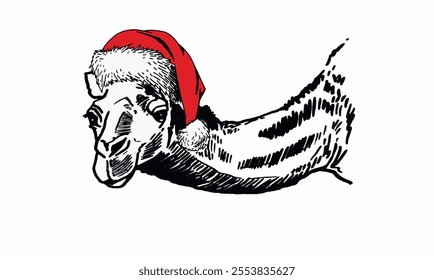 Graphical camel in red Santa Claus hat on white background,vector illustration.	