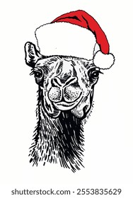 Graphical camel in red Santa Claus hat on white background,vector illustration.	