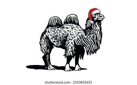 Graphical camel in red Santa Claus hat on white background,vector illustration.	