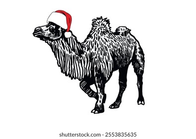 Graphical camel in red Santa Claus hat on white background,vector illustration.	