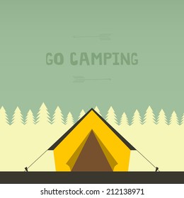 Graphical camping illustration made in flat style. Vector camping concept with tent and nature around.