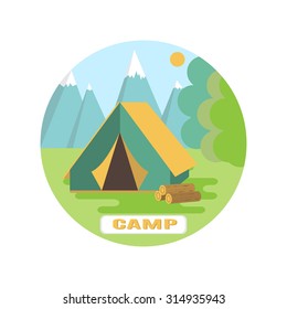 Graphical camping illustration made in flat style. Vector camping concept with tent and nature around.