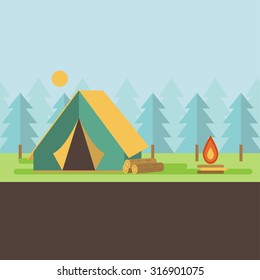 Graphical camping illustration made in flat style. Vector camping concept with tent and nature around.