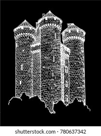 Graphical Castle of Anjony isolated on black background,vector hand-painted  illustration ,sightseeing