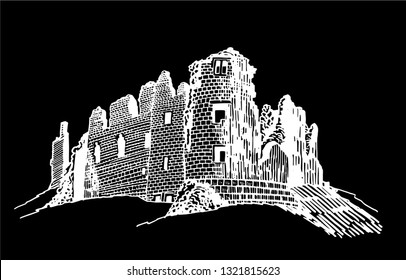 Graphical Castle Brough isolated on black background,England